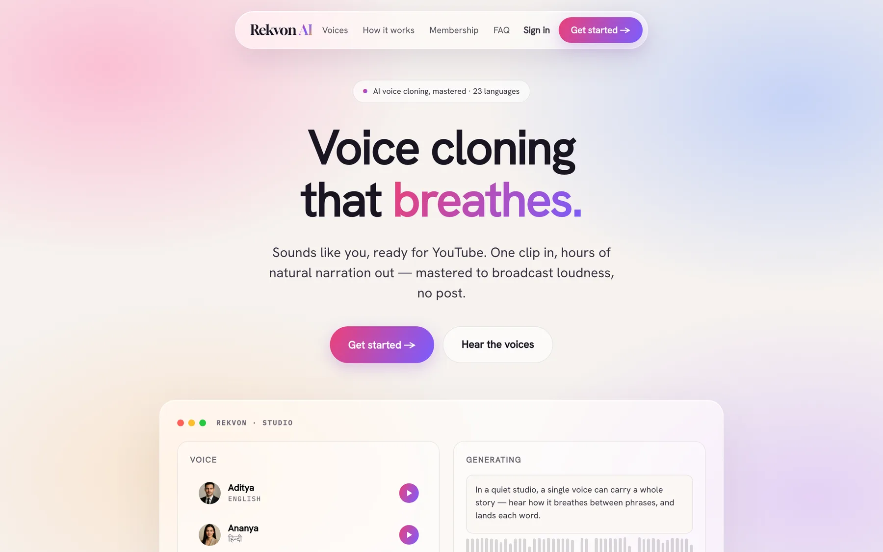 The Rekvon AI Voice Studio product, live at ai.rekvon.in